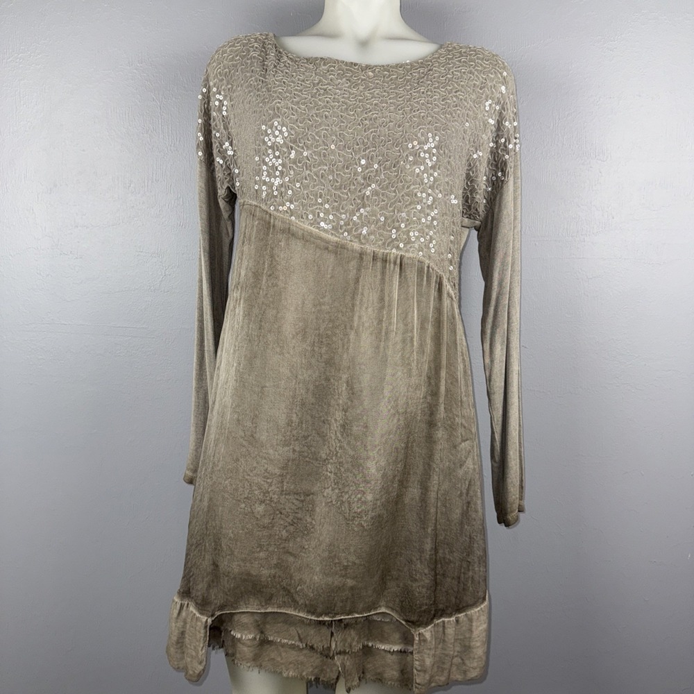 Scandal Dress Women *M Taupe Italy Ruffle Hem Boho Viscose Knit Artsy *READ